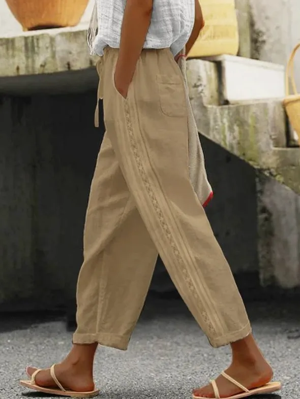 Stitching Women's Clothes Casual Pants Elegant Cotton And Linen Ol Cropped Pants Khaki - Shop at LoveMi