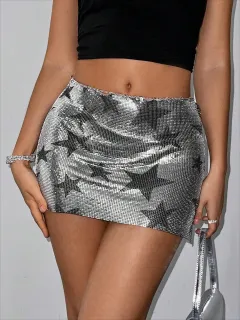 European And American Metal Sequins Mini Skirt Chain Split - Silver - View 1