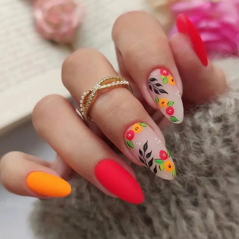 Matte Red Yellow Small Flower Mid-length Wear