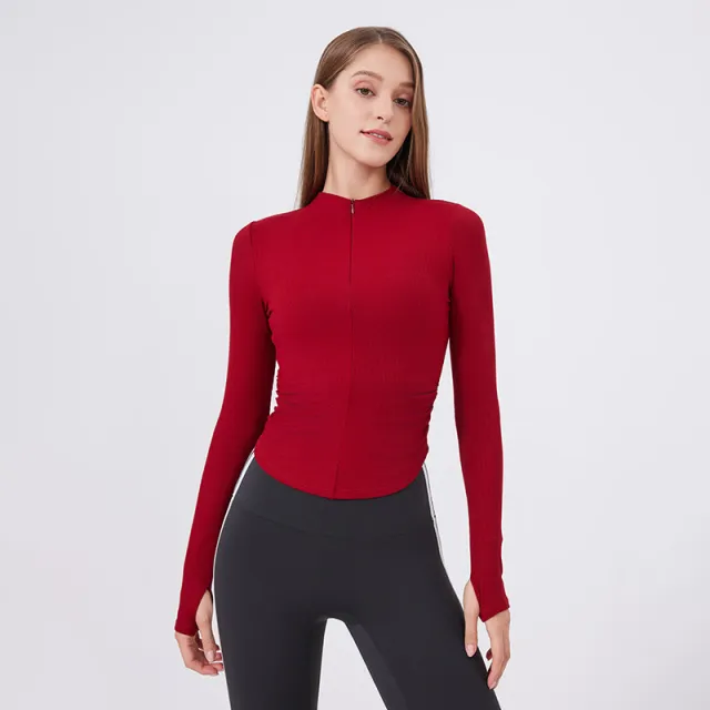 Small Waist Half Zipper Yoga Clothes Women's Workout Clothes Sports Top Pilates Training Wear Long Sleeve Blouse Autumn Ankela Red - Shop at LoveMi