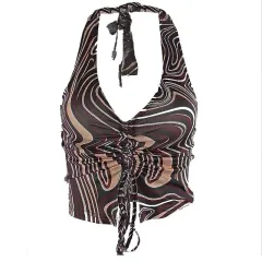 European And American V-neck Bow Neck Strap Striped Printed Vest Female Summer - Brown - View 1