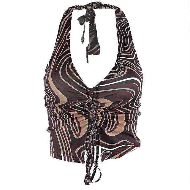 European And American V neck Bow Neck Strap Striped Printed Vest Female Summer Brown - Shop at LoveMi