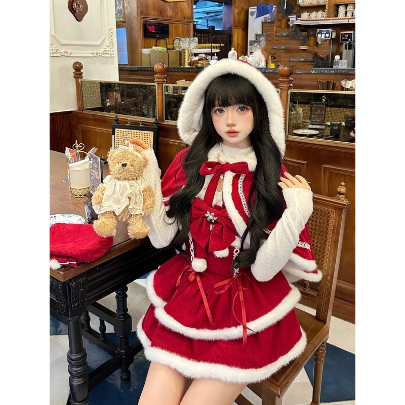 Little Red Riding Hood Cloak Hollow-out Slim-fit Knitted Top Waist-tight Pettiskirt Suit
