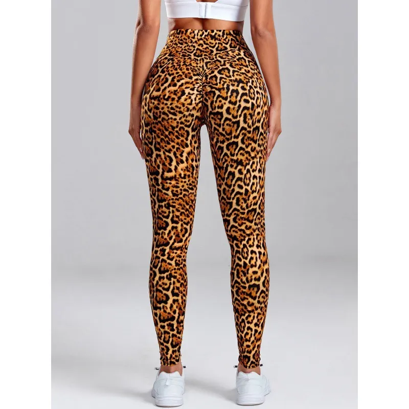 Polyester Women's Fashion Leopard Print Slim Fit Hip Raise Yoga Leggings Dance Pants - Brown