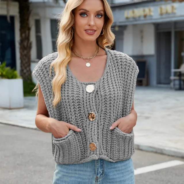 Women's V neck Three button Sleeveless Cardigan Elegant Gray - Shop at LoveMi