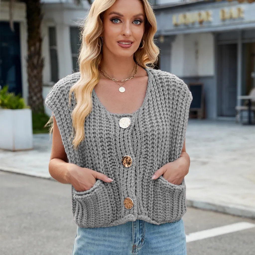 Women's V-neck Three-button Sleeveless Cardigan - Elegant Gray