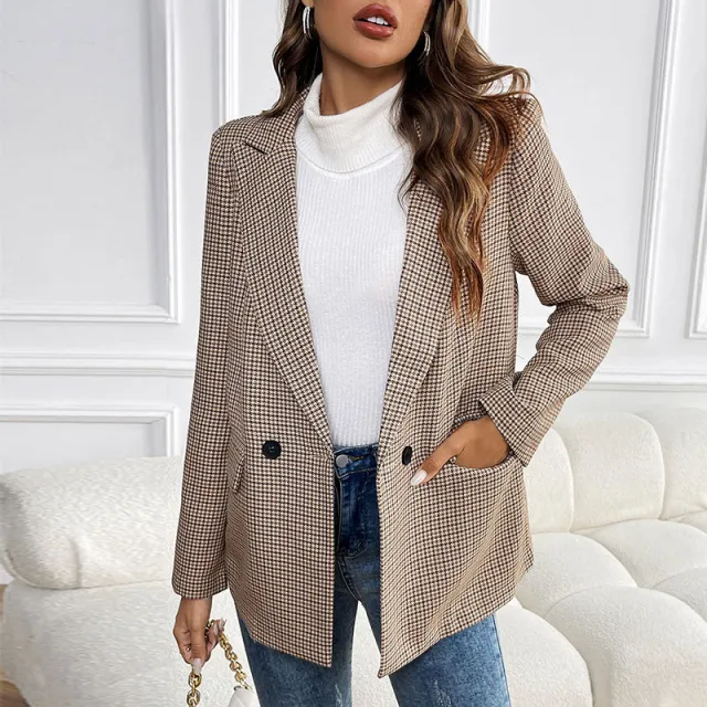 Suit One Button Houndstooth Suit Jacket Khaki - Shop at LoveMi
