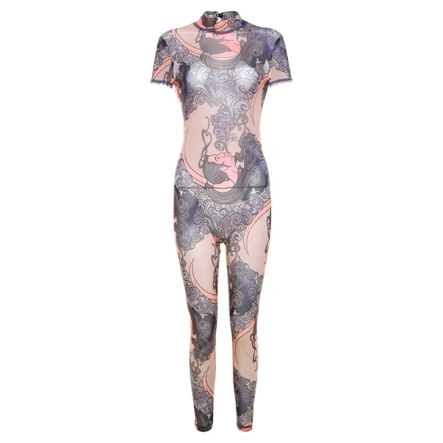 Women's See through Mesh Floral Print Hollow Backless Tight Jumpsuit Purple - Shop at LoveMi