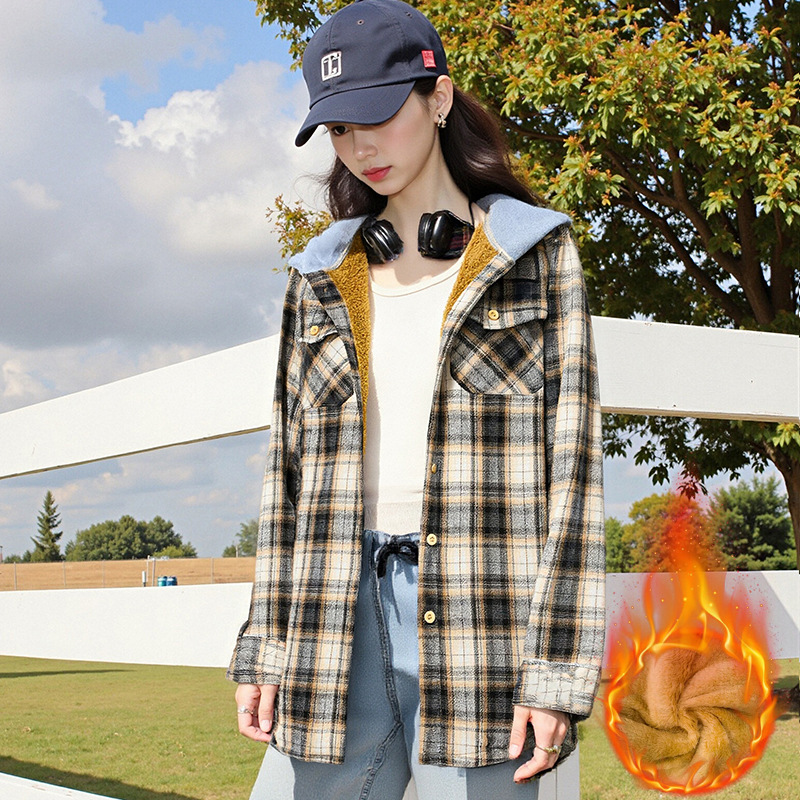 Casual And Loose Hooded Plaid Shirt Top For Women - Image 2