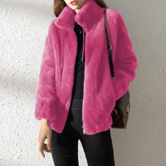 Sweater Elegant Cardigan Zipper Fleece Top - Rose Red - View 1