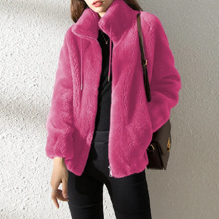 Sweater Elegant Cardigan Zipper Fleece Top - Rose