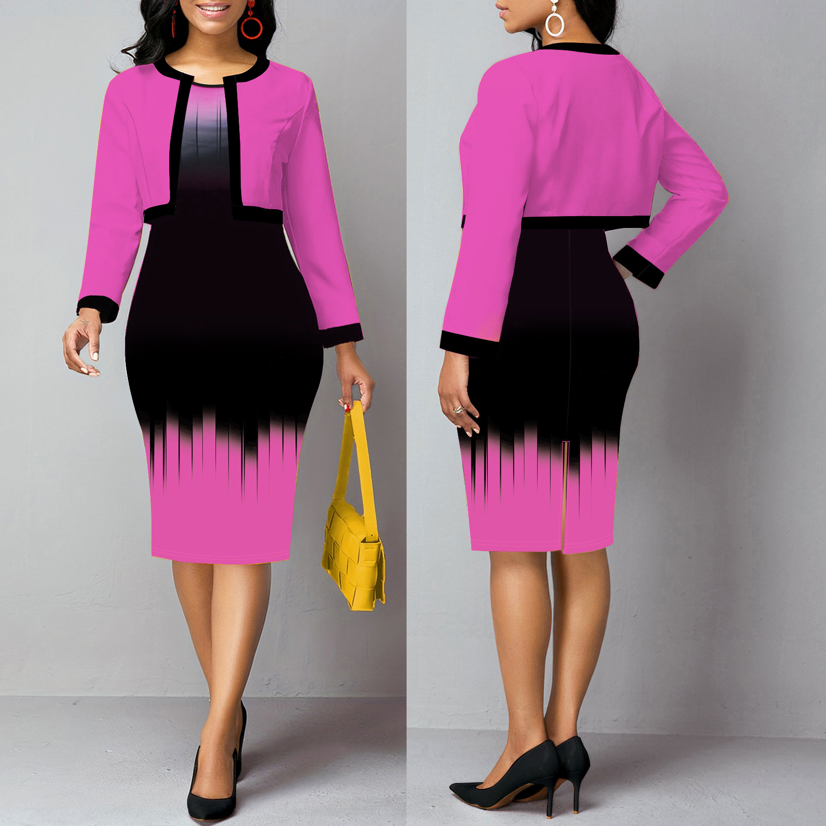 Plus Size Women's Vest Dress Cardigan Jacket Two piece Set Magenta - Shop at LoveMi