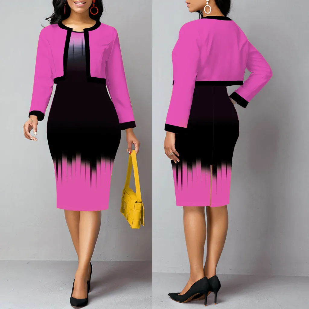 Plus Size Women's Vest Dress Cardigan Jacket Two-piece Set - Magenta