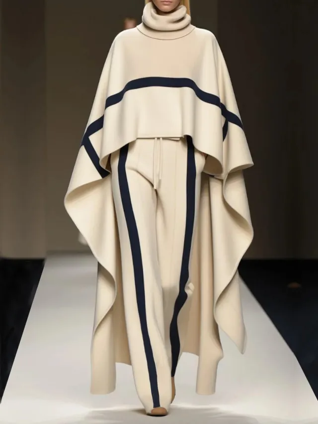 Plus Size Loose Shawl Women's Cloak Turtleneck Suit Off White - Shop at LoveMi