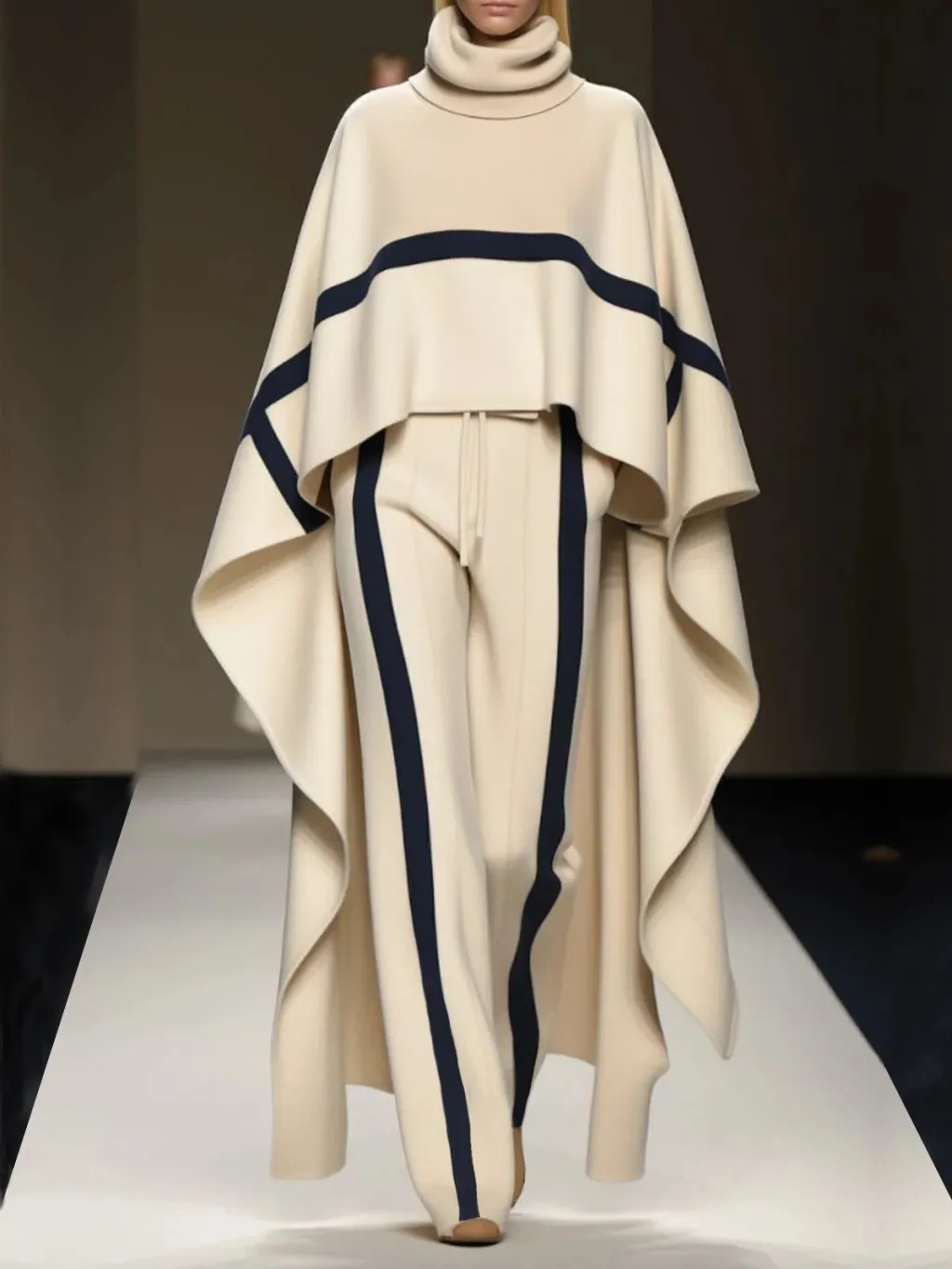 Plus Size Loose Shawl Women's Cloak Turtleneck Suit - Off White