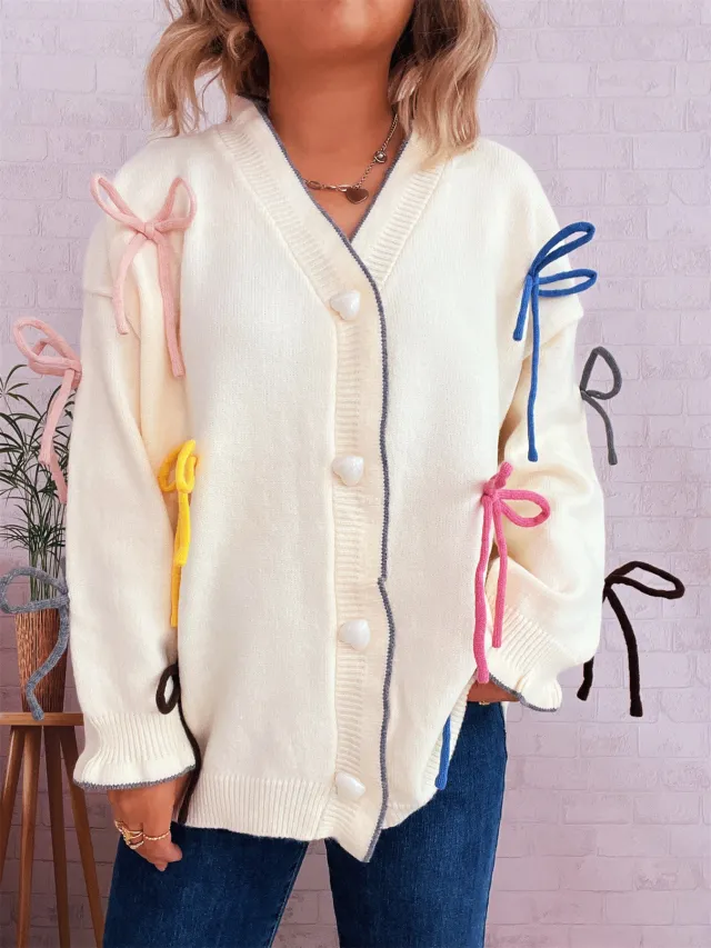 Cute Street Color Bow Decorative Single breasted Knitted Sweater White - Shop at LoveMi