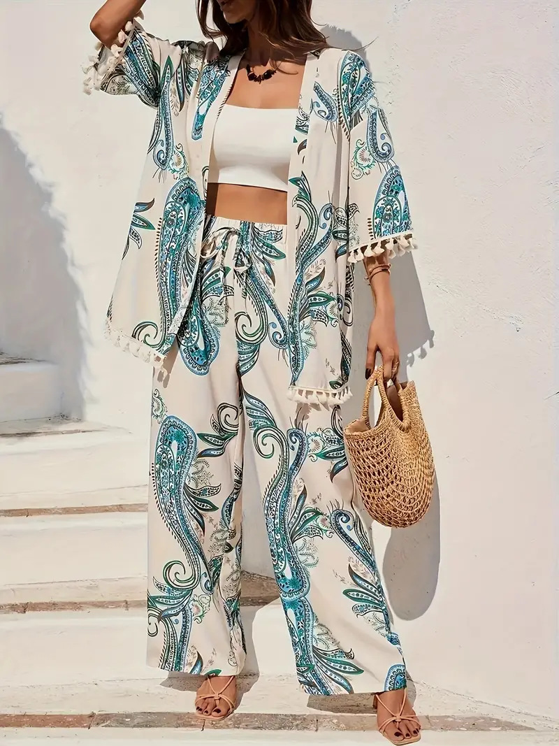 Women's Loose-fit Printed Outfit Cardigan With Fringed Hem And Wide-leg Pants Set - Image 5