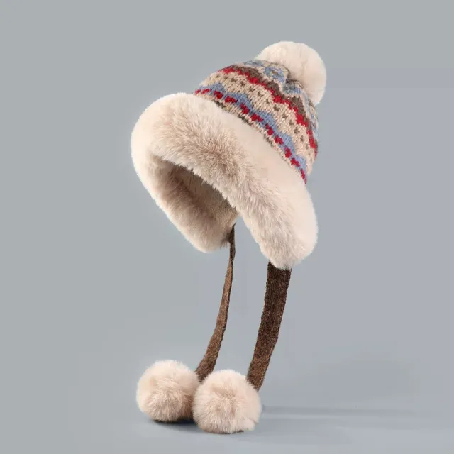 Retro Ethnic Style Plush Knitted Hat Women's Autumn And Winter Cold Protection Earflaps Woolen Cap Beige Blue - Shop at LoveMi