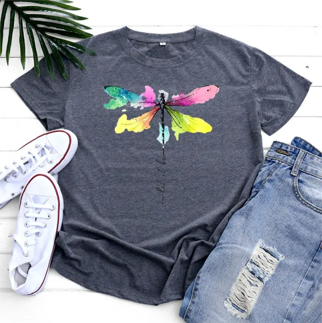 Women's Fashion Casual Dragonfly Printed Round Neck Short Sleeve T shirt Top Dark Gray - Shop at LoveMi
