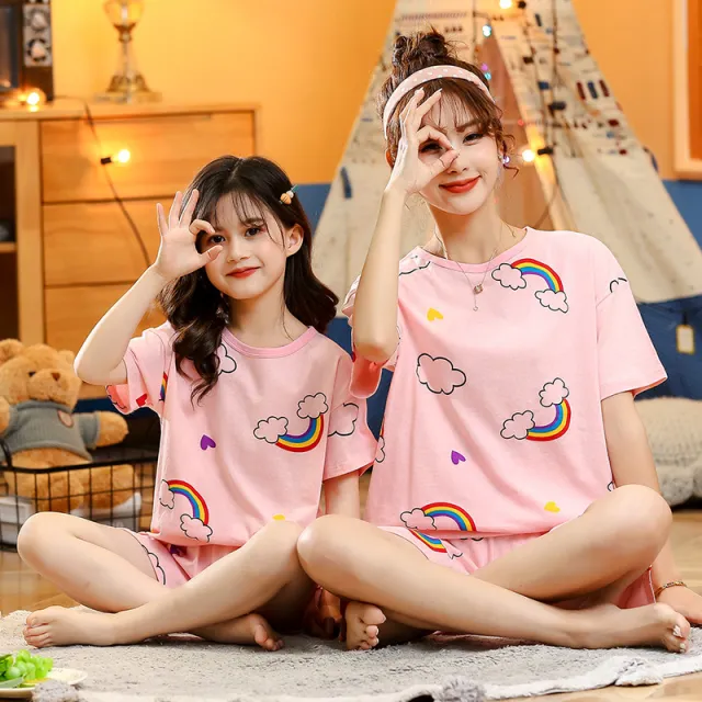 Children's Cotton Short sleeved Home Wear Suit Parent child Mother daughter Home Cartoon Princess 2 piece Summer Thin Cotton Pink Clouds Rainbow - Shop at LoveMi