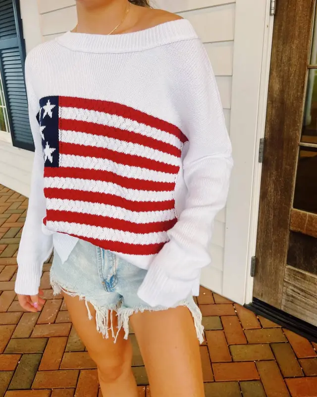 Five pointed Star Striped Long sleeved Sweater Off the shoulder Coat White - Shop at LoveMi