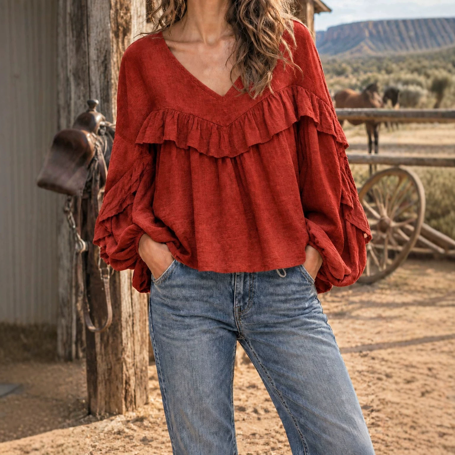Women's V-neck Shirt With Ruffled Yoke And Patchwork Design On The Chest