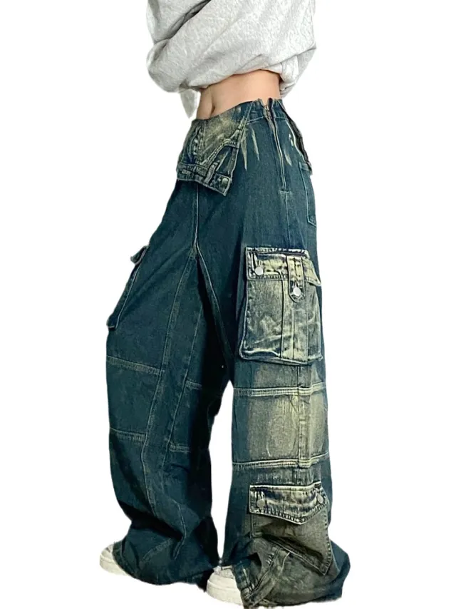 Plus Size Retro Washed Cargo Jeans Women Picture Color S - Shop at LoveMi