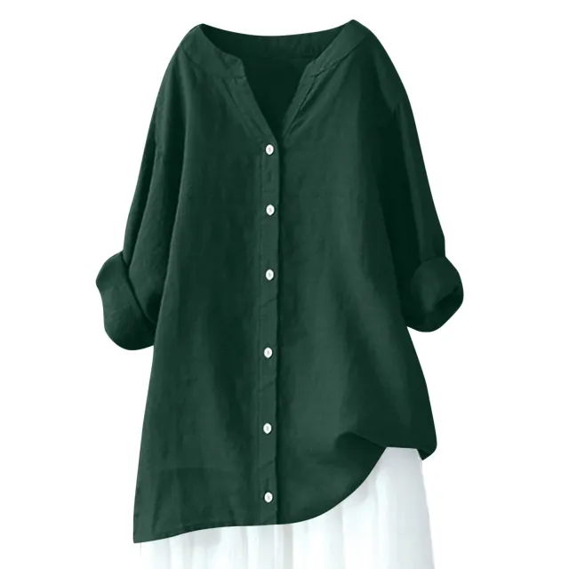 Women's Cotton And Linen Long Sleeve Button Shirt Dark Green - Shop at LoveMi