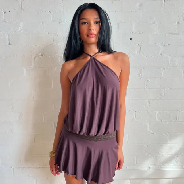 Personality Pure Color Halter Dress Women Coffee Brown - Shop at LoveMi