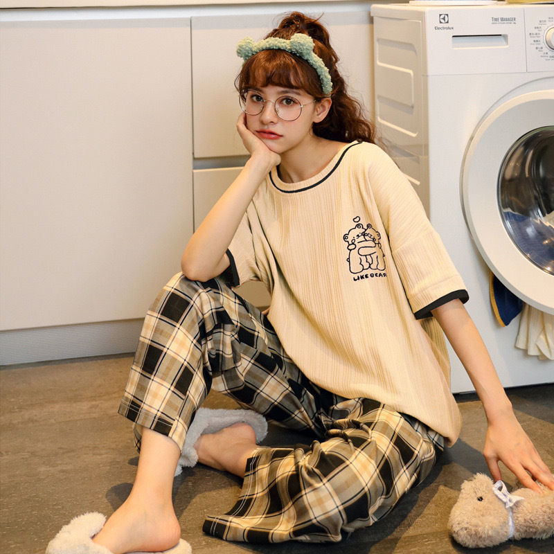 Summer Pajamas Women's Short sleeved Trousers Round Neck Cotton Homewear Cartoon Suit Yne3255 Style - Shop at LoveMi