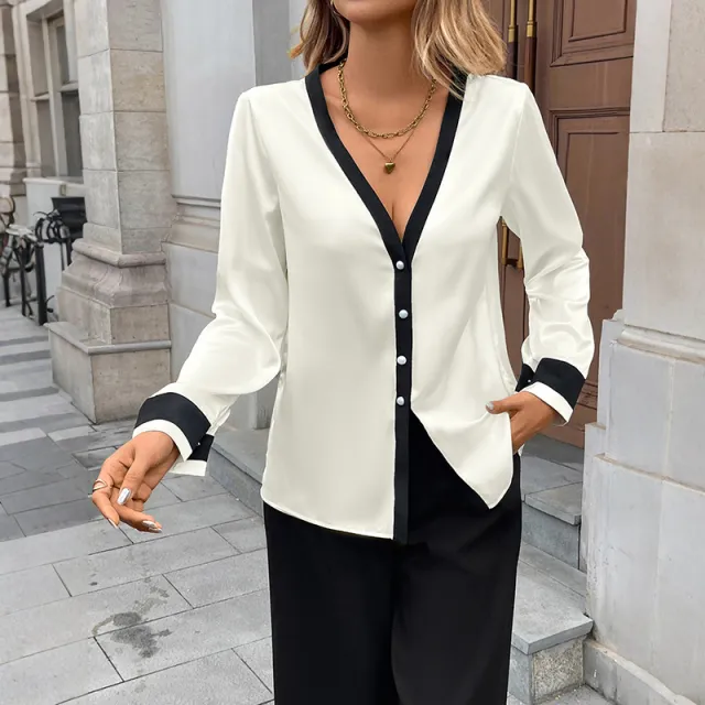 Elegant Style Pearl Button T shirt Deep V neck Color block Single breasted Shirt Apricot - Shop at LoveMi