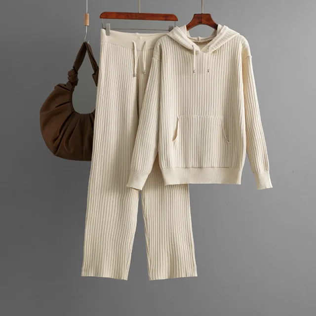 Cotton Casual Knitting Suit Hooded Apricot - Shop at LoveMi