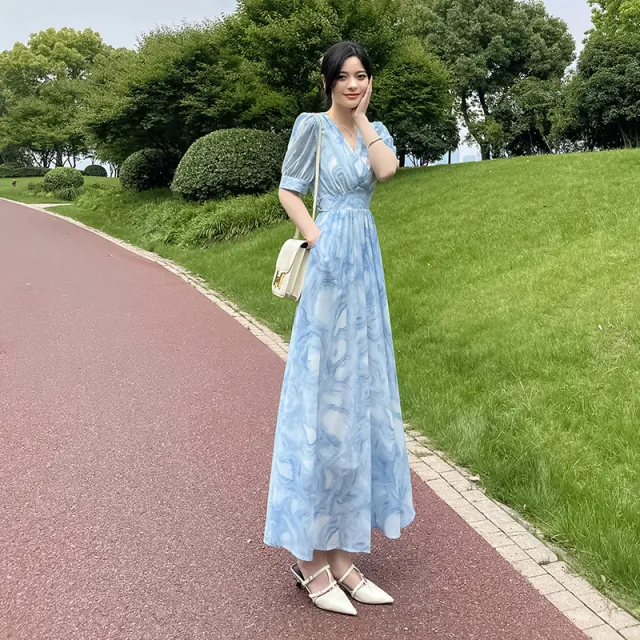Printed Mid length French style A line Dress Picture Color L - Shop at LoveMi