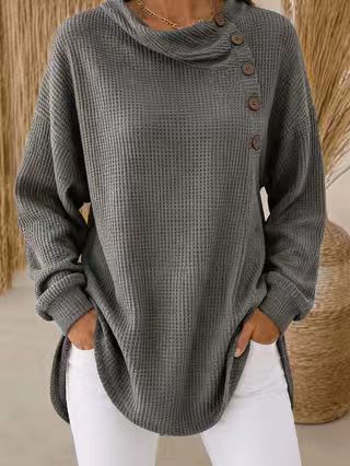 Womens Solid-Color Waffle-Weave Long-Sleeve Button-Up Casual Shirt Comfortable Top