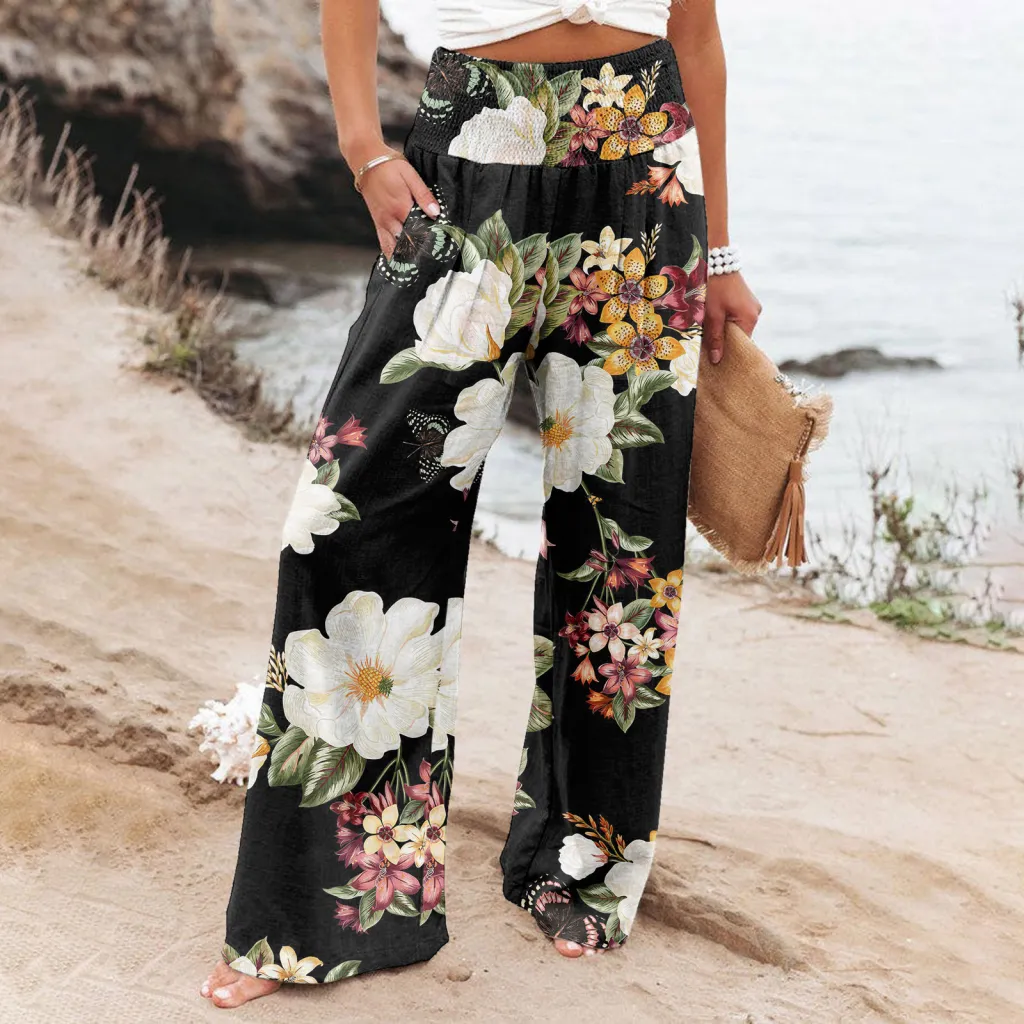 Women's Casual Wide-leg Cotton And Linen Printed Loose Trousers - 15 Style