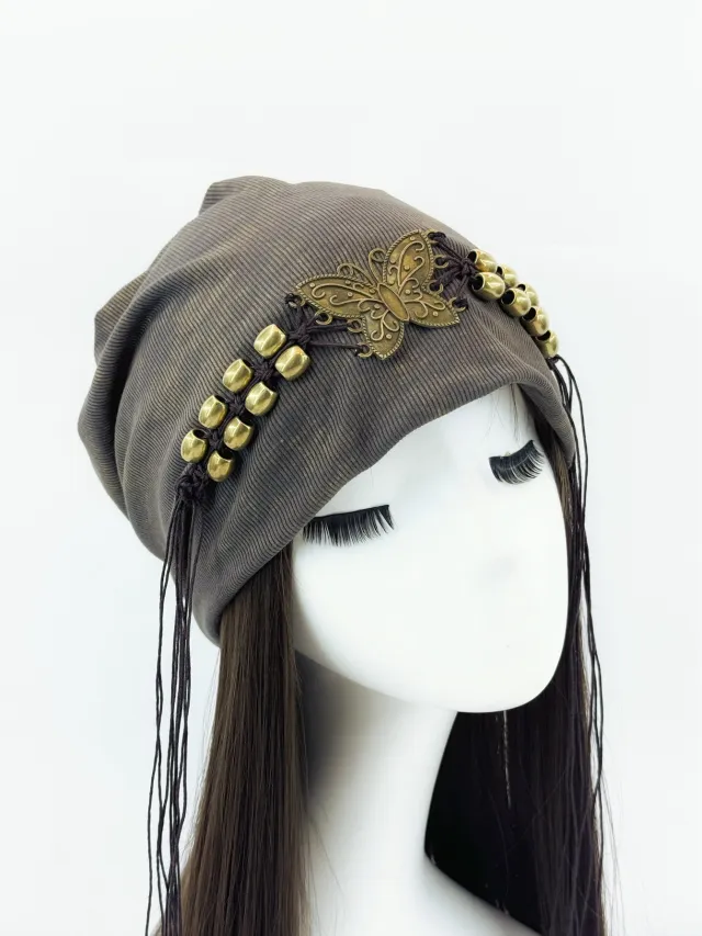 Hat Tie dyed Tassel Beaded Beanie Hat Dark Gray - Shop at LoveMi