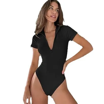 Women's Jumpsuit Rib One piece Short Sleeve Front Zipper Black - Shop at LoveMi