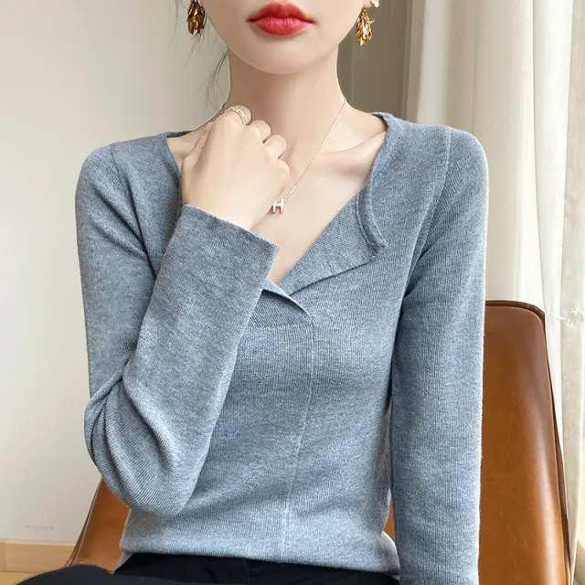 French Retro Half V neck Knitted Bottoming Shirt For Women Slim Fit Slimming Gray - Shop at LoveMi