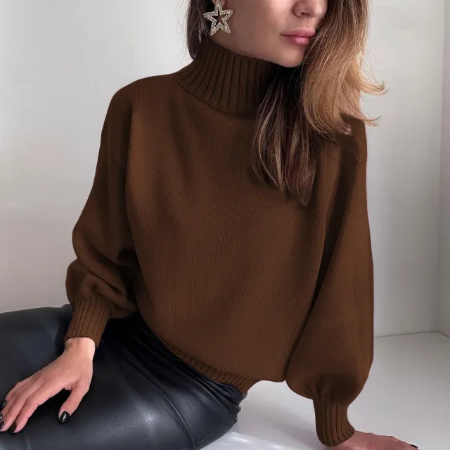 Solid Color Puff Sleeve Turtleneck Fashion Casual Sweater Brown - Shop at LoveMi