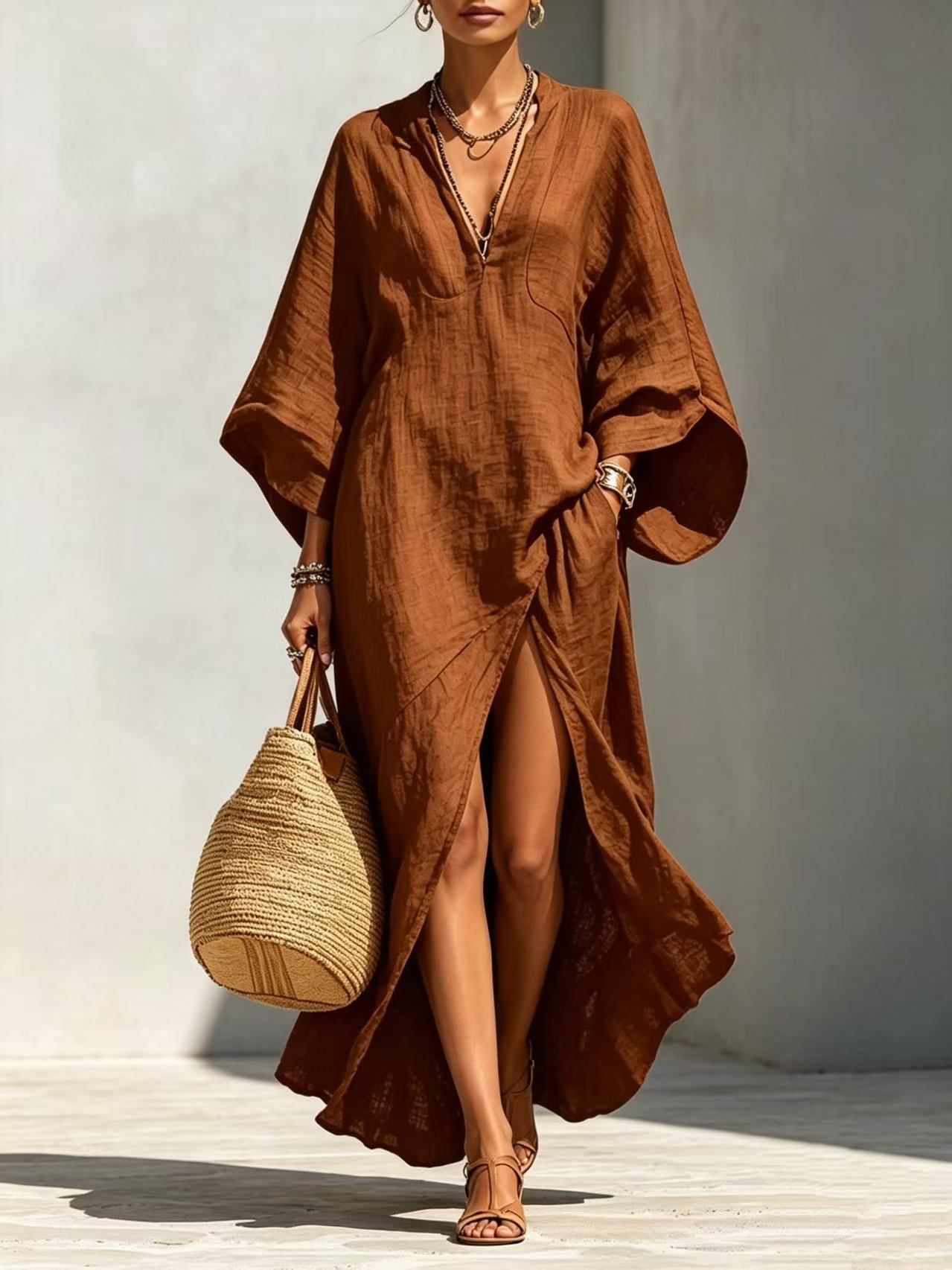 Women's batwing sleeve maxi dress in orange – front view