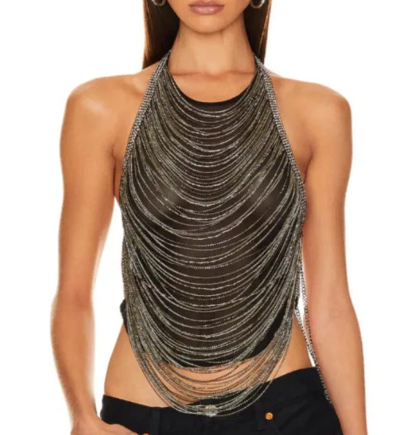 Rhinestone Inlaid Drill Chain Wave Tassel Chain Halter Top Silver - Shop at LoveMi