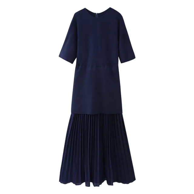Fashionable Elegant Brown Patchwork Pleated Dress Blue - Shop at LoveMi