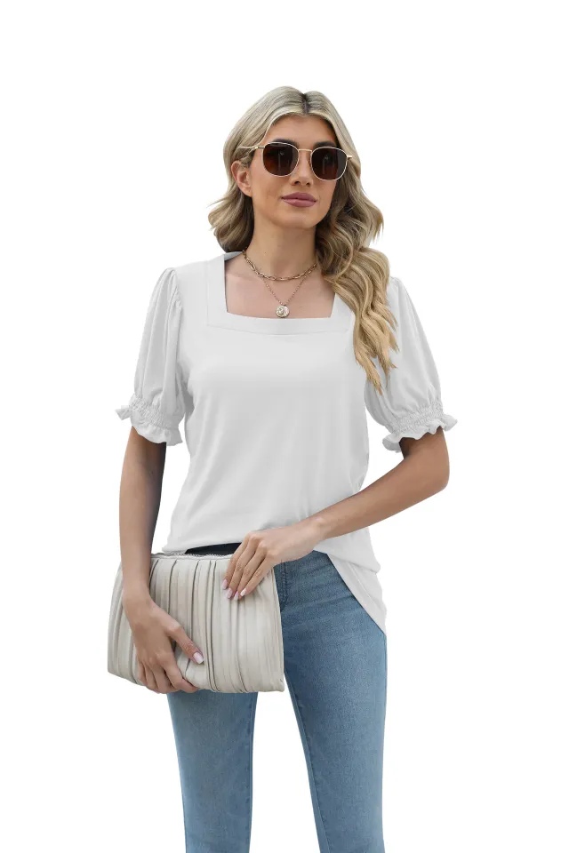 European And American New Solid Color Square Collar Short Sleeve Smocking Loose T shirt White - Shop at LoveMi