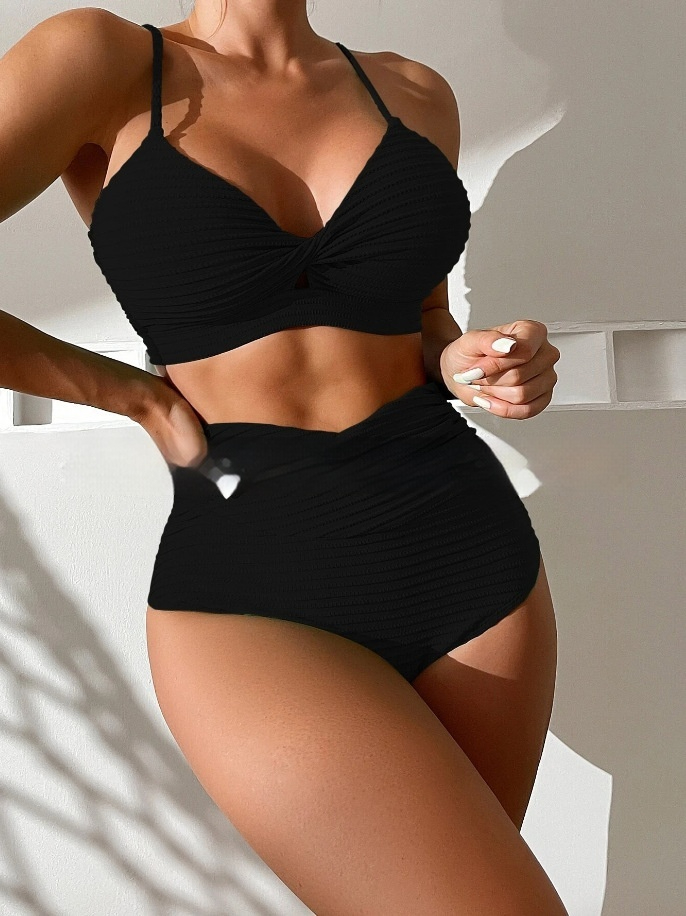 Split European And American Ladies Swimsuit High Waist Pure Color Striped Bikini