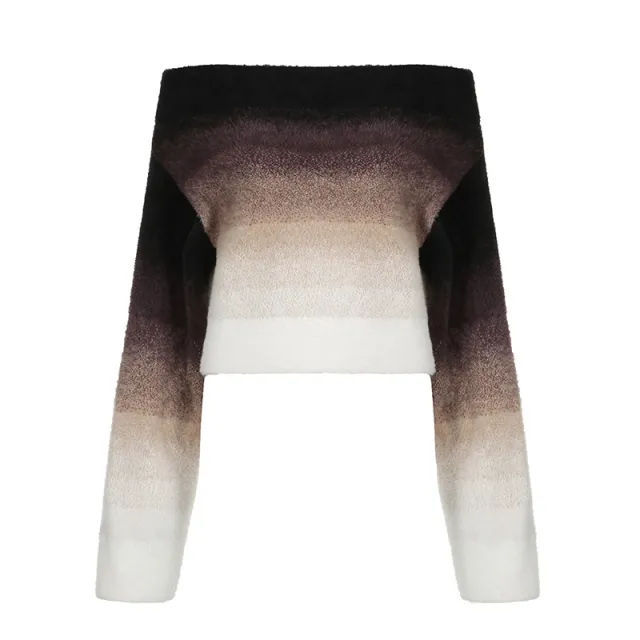 Gradient Off neck Long sleeved Woolen Top Brown - Shop at LoveMi