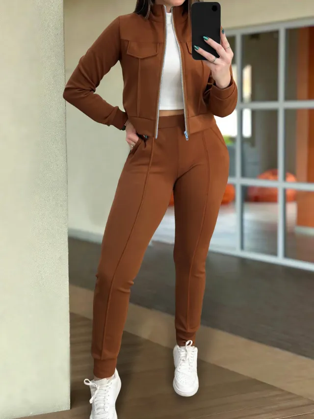 Women's Solid Color Fashion Casual Long Sleeve Pants Two piece Set Brown - Shop at LoveMi