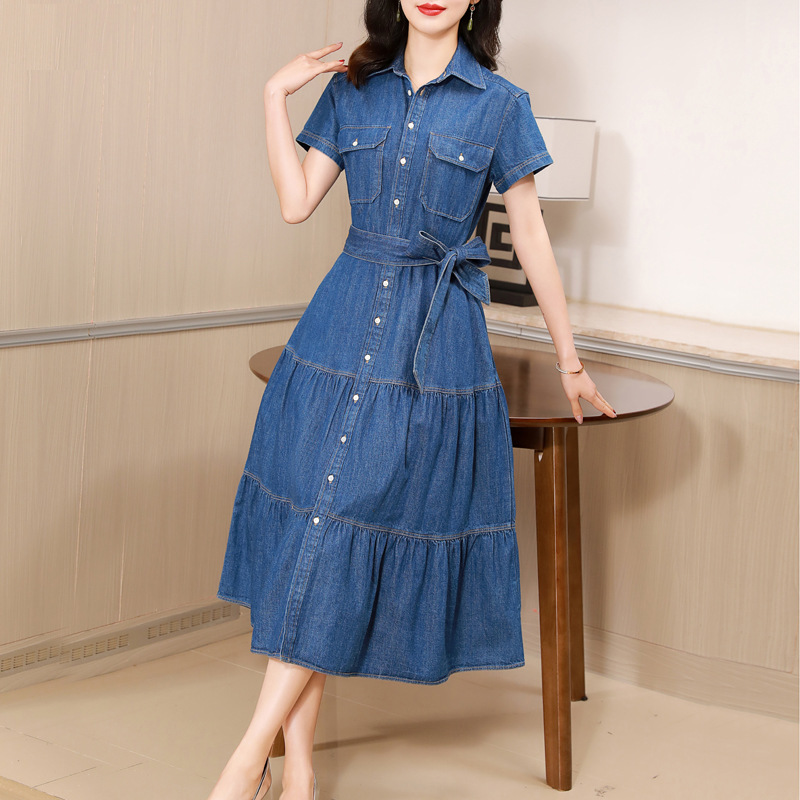Cotton Large Hem Shirt Dress Long Skirt Denim Dress - Image 2