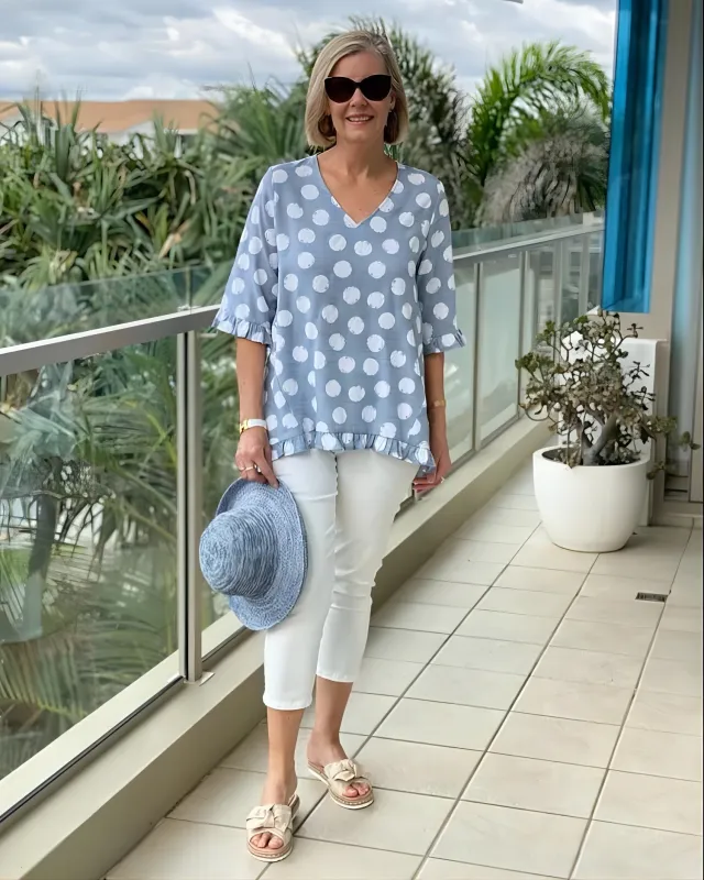 Short Sleeve V collar Polka Dot Printed Cotton And Linen T Blue - Shop at LoveMi