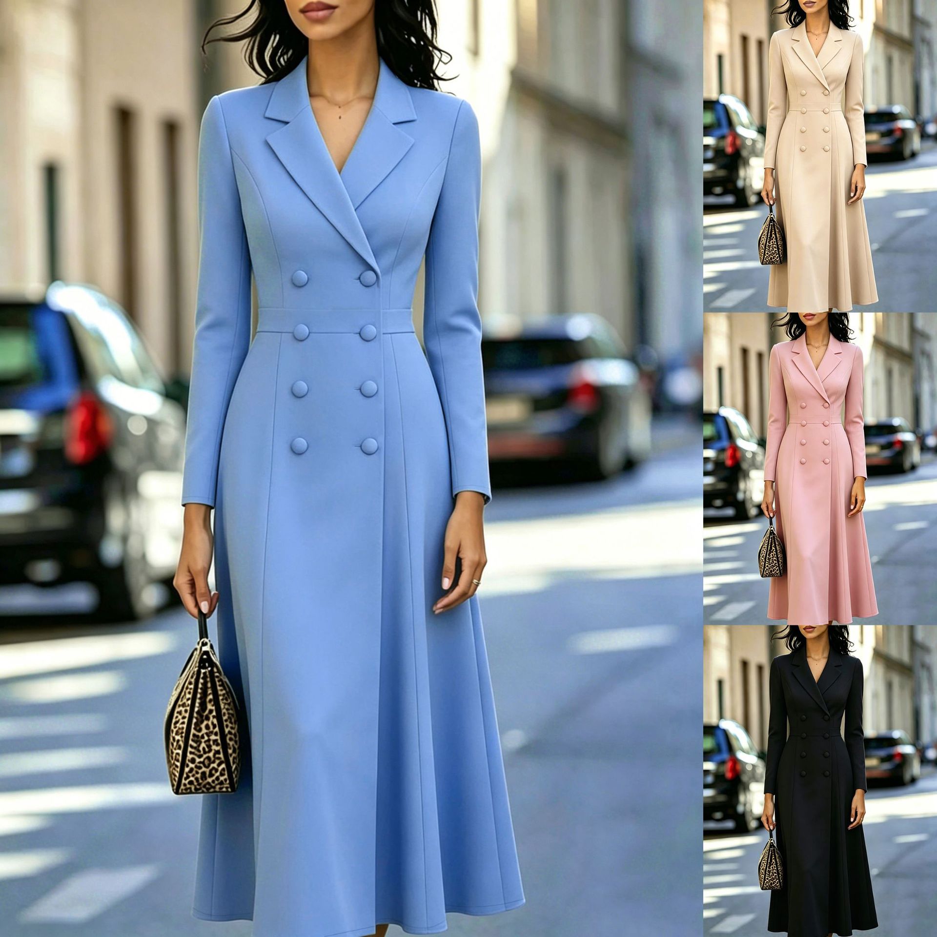 Elegant Double-breasted Tailored Long Dress With A Cinched Waist And A Flared Skirt