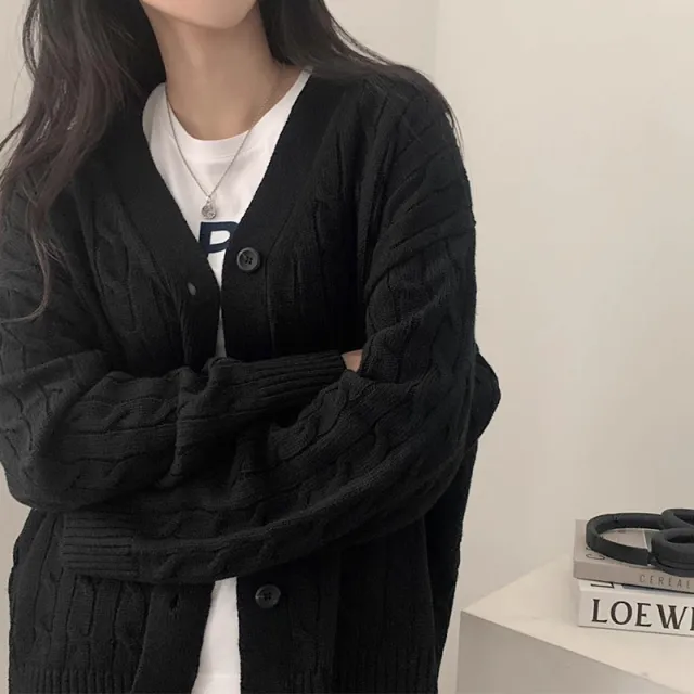 V neck Single Breasted Hemp Pattern Versatile Loose Long Sleeves Knitted Sweater Black - Shop at LoveMi